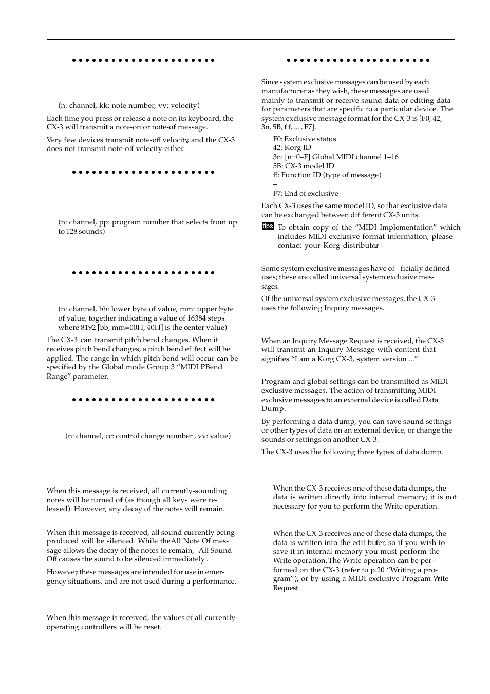 Program change / bank select, Pitch bend, Control change | About system exclusive messages | KORG BX-3 User Manual | Page 40 / 48
