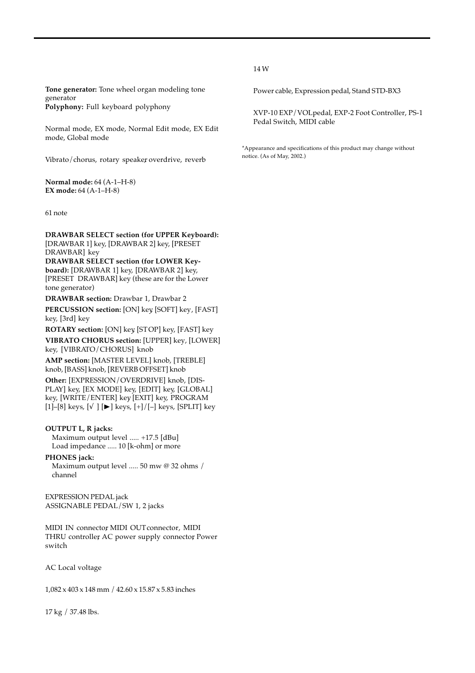 Specifications and options | KORG BX-3 User Manual | Page 45 / 48