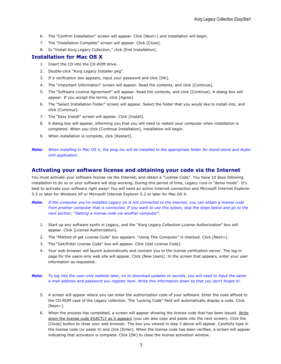 Installation for mac os x | KORG EASYSTART MS-20 User Manual | Page 3 / 13