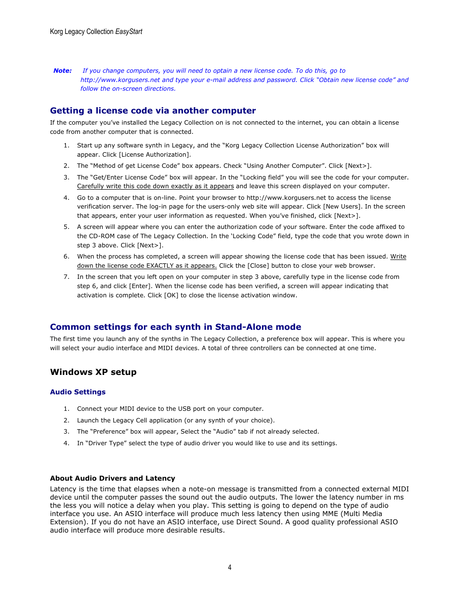 Getting a license code via another computer, Common settings for each synth in stand-alone mode, Windows xp setup | KORG EASYSTART MS-20 User Manual | Page 4 / 13