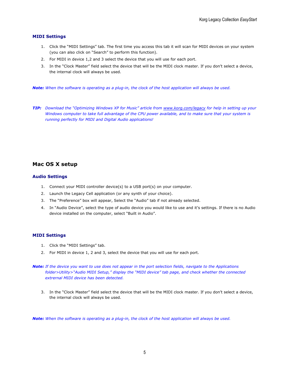 Mac os x setup | KORG EASYSTART MS-20 User Manual | Page 5 / 13