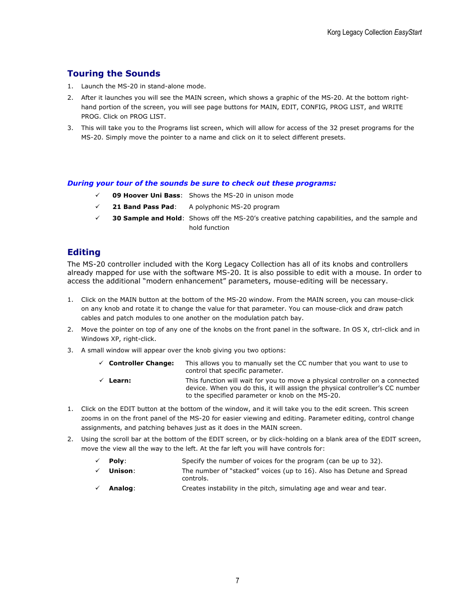 Touring the sounds, Editing | KORG EASYSTART MS-20 User Manual | Page 7 / 13