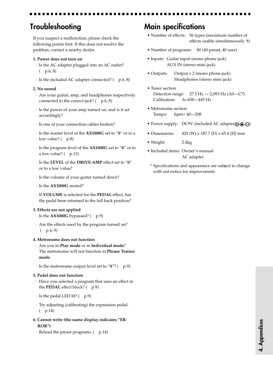 Troubleshooting, Main specifications, Troubleshooting main specifications | KORG AX1000G User Manual | Page 15 / 23