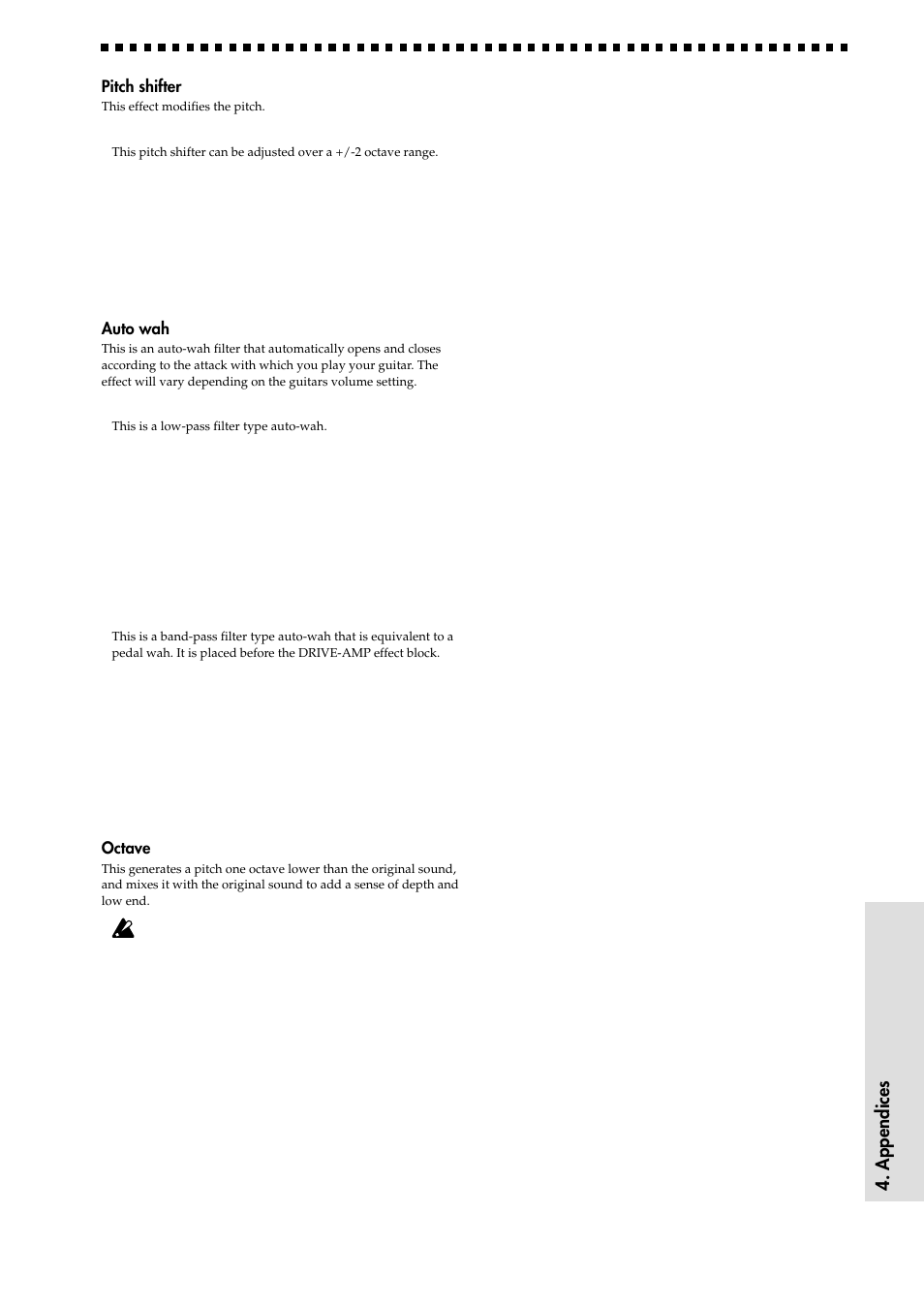 19 4. appendices, Pitch shifter, Auto wah | Octave | KORG AX1000G User Manual | Page 19 / 23