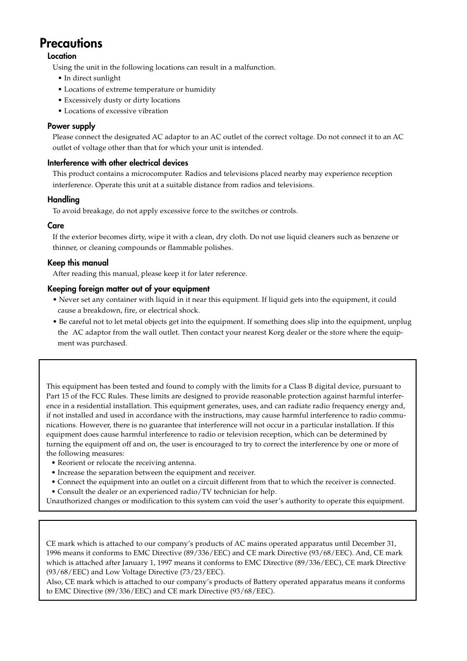 Precautions, The fcc regulation warning (for u.s.a.), Ce mark for european harmonized standards | KORG AX1000G User Manual | Page 2 / 23