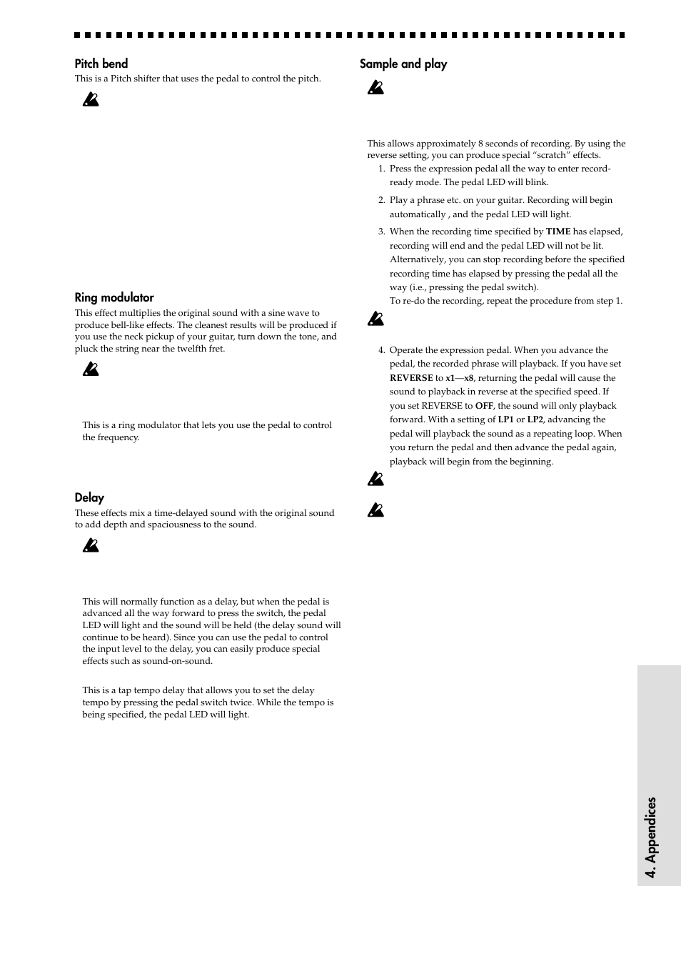 21 4. appendices, Pitch bend, Ring modulator | Delay, Sample and play | KORG AX1000G User Manual | Page 21 / 23