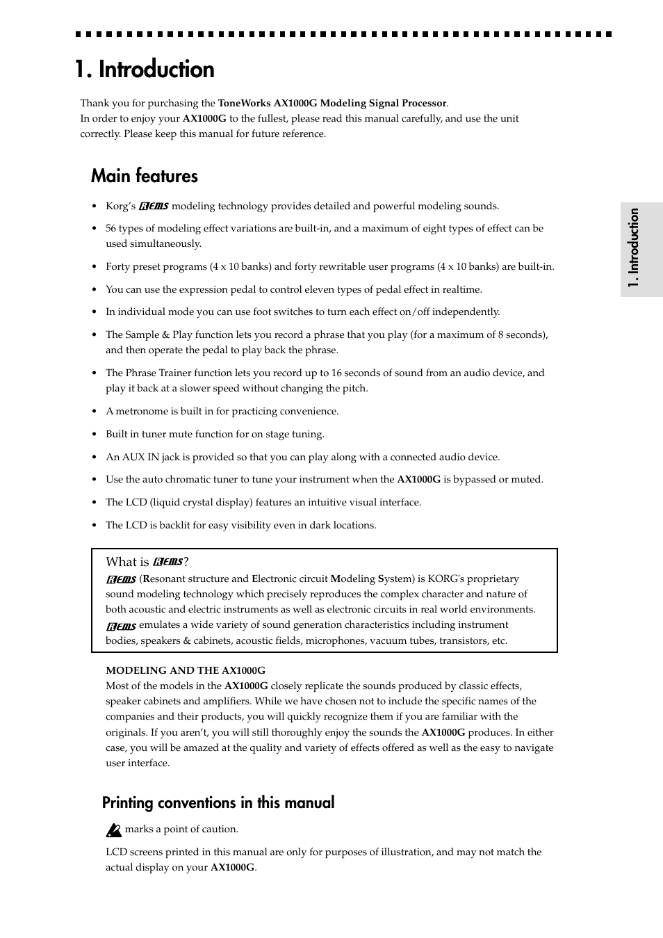 Introduction, Main features, Printing conventions in this manual | KORG AX1000G User Manual | Page 3 / 23