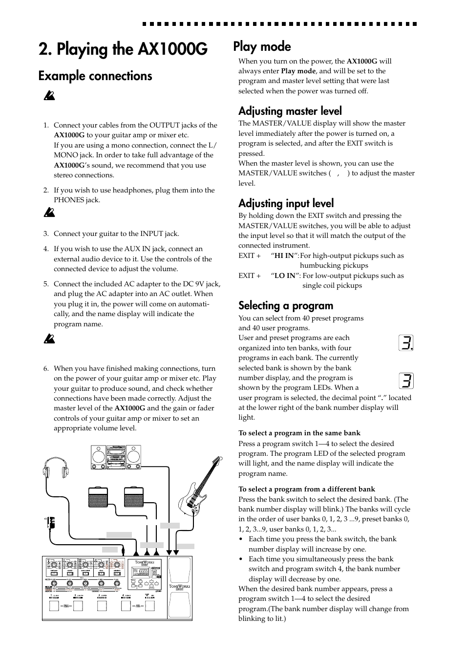 Playing the ax1000g, Example connections, Play mode | Adjusting the master level, Adjusting the input level, Selecting a program, Example connections play mode, Adjusting master level, Adjusting input level | KORG AX1000G User Manual | Page 8 / 23