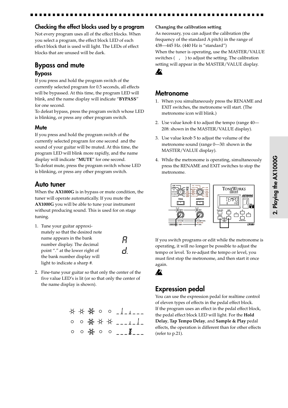 Bypass and mute, Auto tuner, Metronome | Expression pedal, A =d | KORG AX1000G User Manual | Page 9 / 23