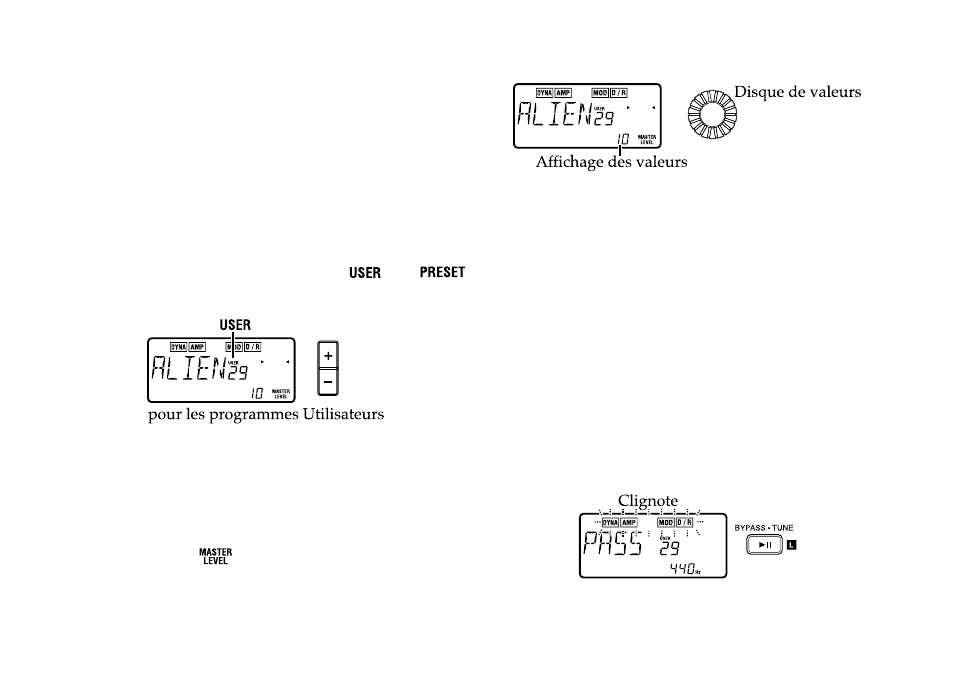 Mode de jeu play, Sélection d’un programme, Niveau de volume général | Contournement/ assourdissement (bypass/mute), Contournement, Assourdissement (bypass/mute), Contournement/assourdissement (bypass/mute) | KORG PX3B User Manual | Page 78 / 100