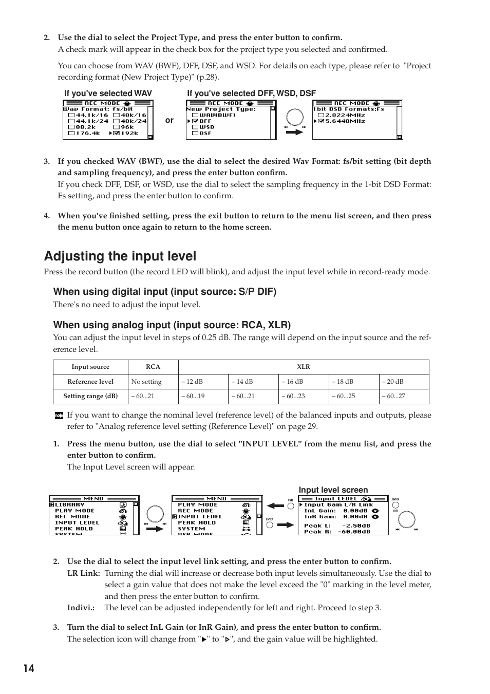 Adjusting the input level, When using digital input (input source: s/p dif), When using analog input (input source: rca, xlr) | KORG MR-2000S User Manual | Page 14 / 42