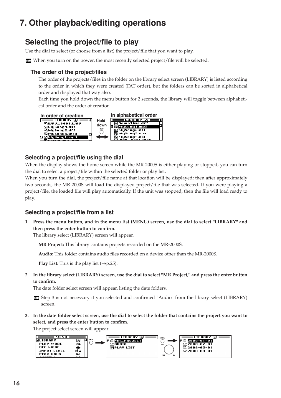 Other playback/editing operations, Selecting the project/file to play, Other | Playback/editing operations | KORG MR-2000S User Manual | Page 16 / 42