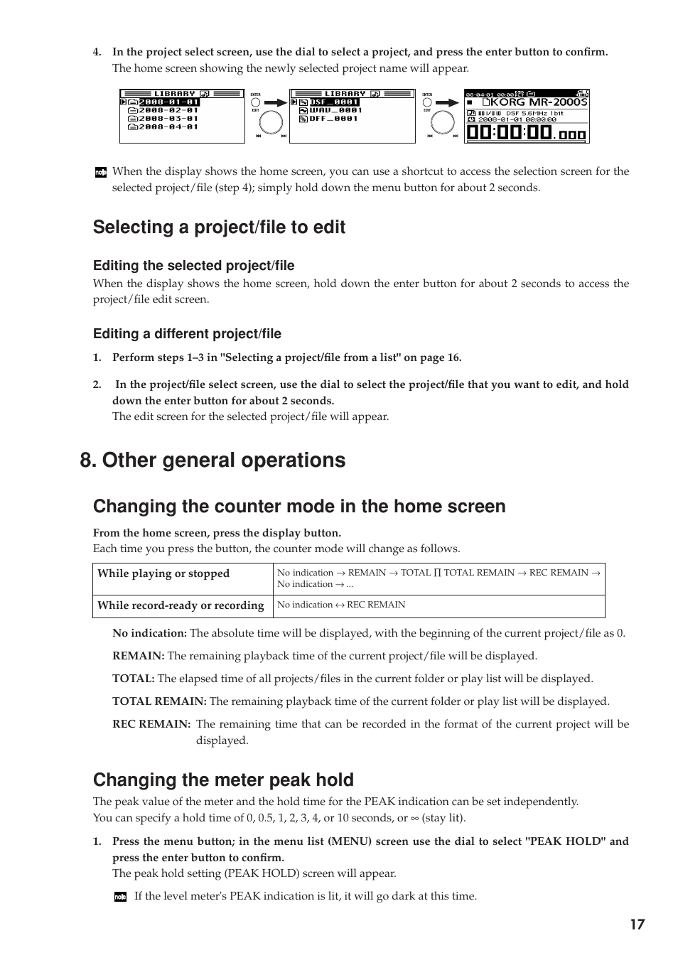 Selecting a project/file to edit, Other general operations, Changing the counter mode in the home screen | Changing the meter peak hold, Changing the counter mode, In the home screen, P.17), P.17), the corr | KORG MR-2000S User Manual | Page 17 / 42
