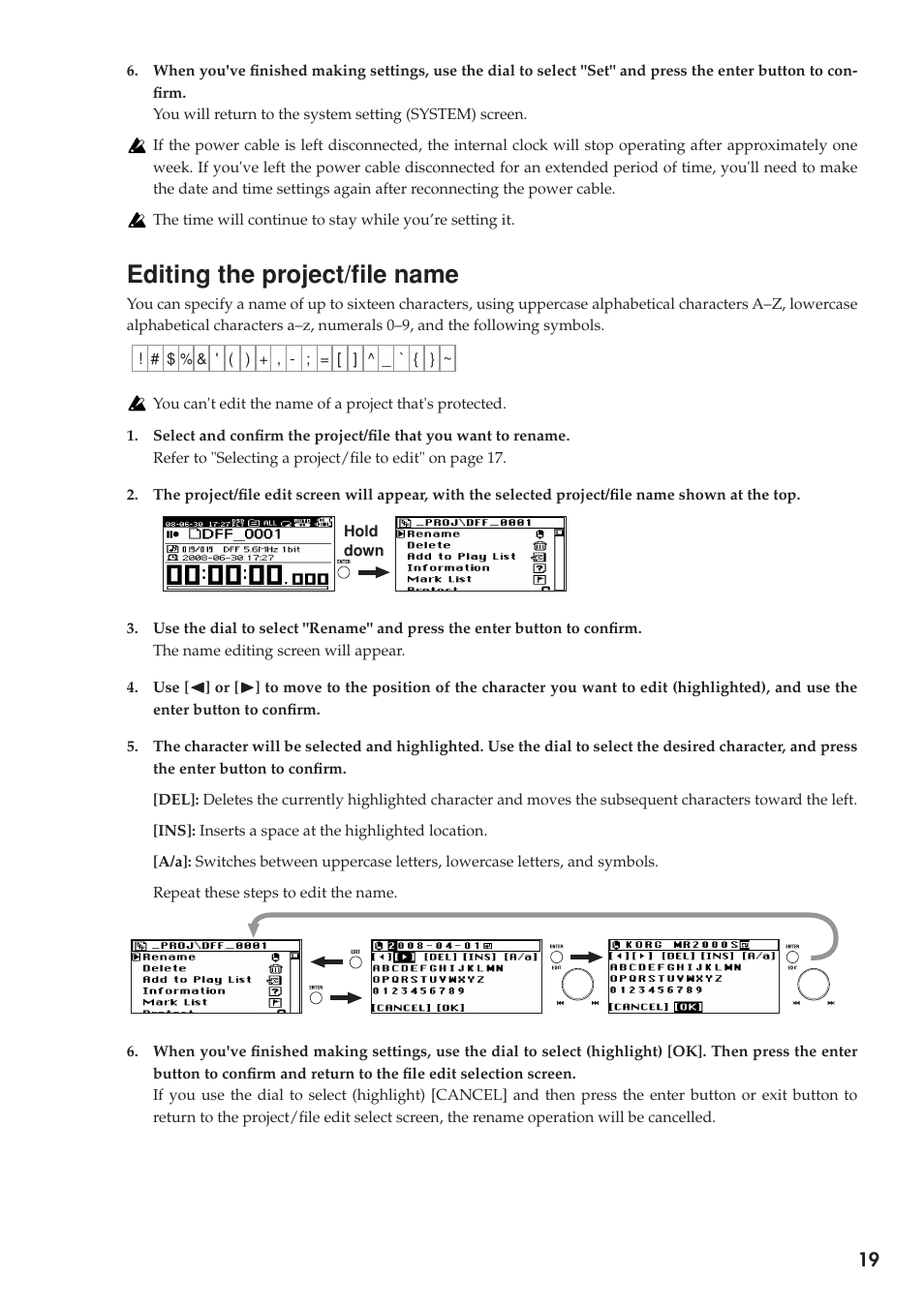 Editing the project/file name, P.19) | KORG MR-2000S User Manual | Page 19 / 42