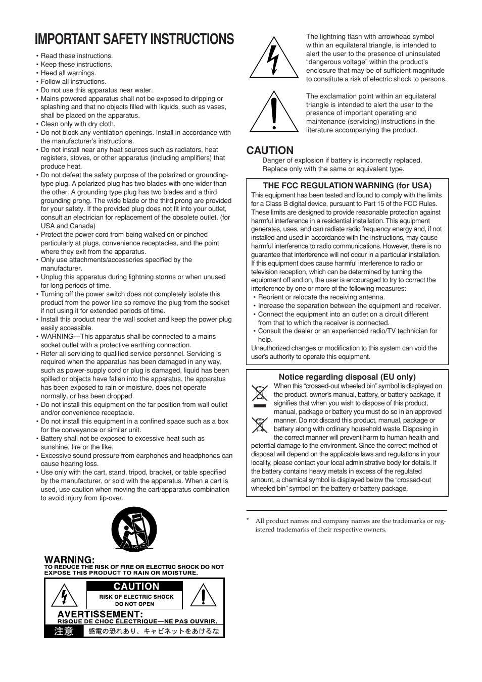 Important safety instructions, Caution | KORG MR-2000S User Manual | Page 2 / 42