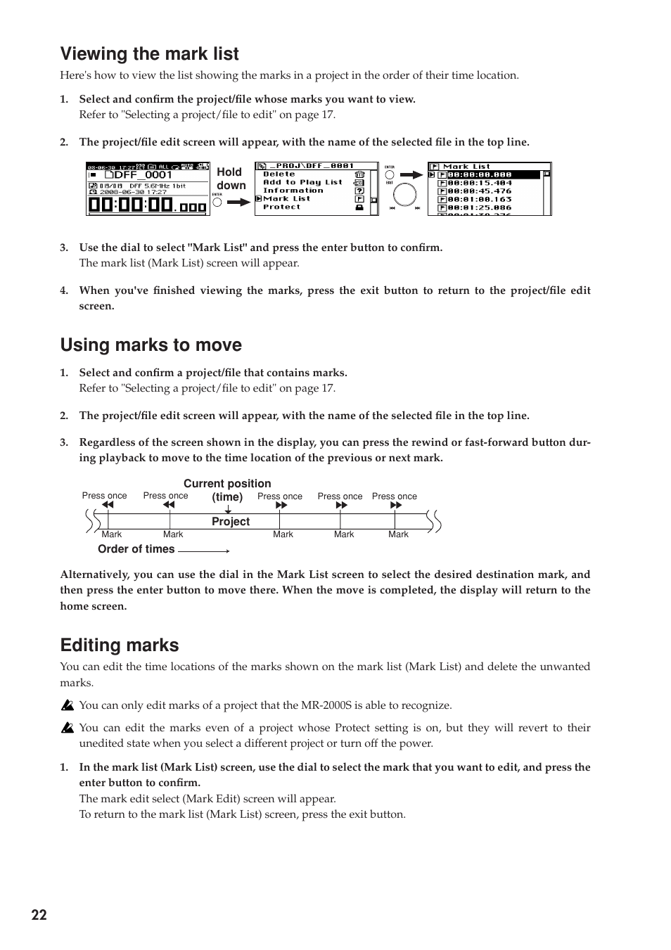 Viewing the mark list, Using marks to move, Editing marks | KORG MR-2000S User Manual | Page 22 / 42