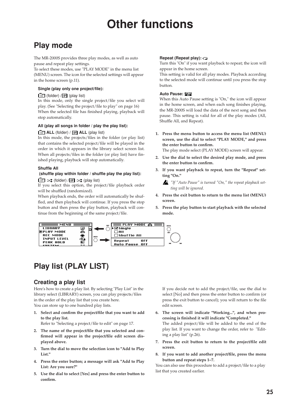 Other functions, Play mode, Play list (play list) | Creating a play list, P.25), P.25) will appear | KORG MR-2000S User Manual | Page 25 / 42