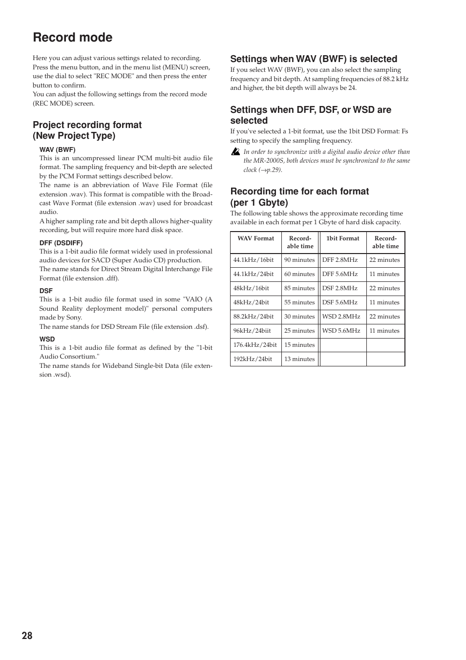 Record mode, Project recording format (new project type), Settings when wav (bwf) is selected | Settings when dff, dsf, or wsd are selected, Recording time for each format (per 1 gbyte), Project recording format, New project type), Settings when, Dff, dsf, or wsd are selected, Recording time for | KORG MR-2000S User Manual | Page 28 / 42