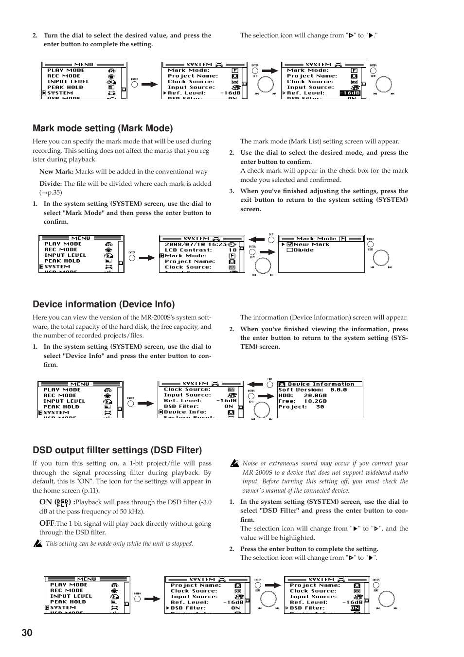 Mark mode setting (mark mode), Device information (device info), Dsd output fillter settings (dsd filter) | P.30) | KORG MR-2000S User Manual | Page 30 / 42