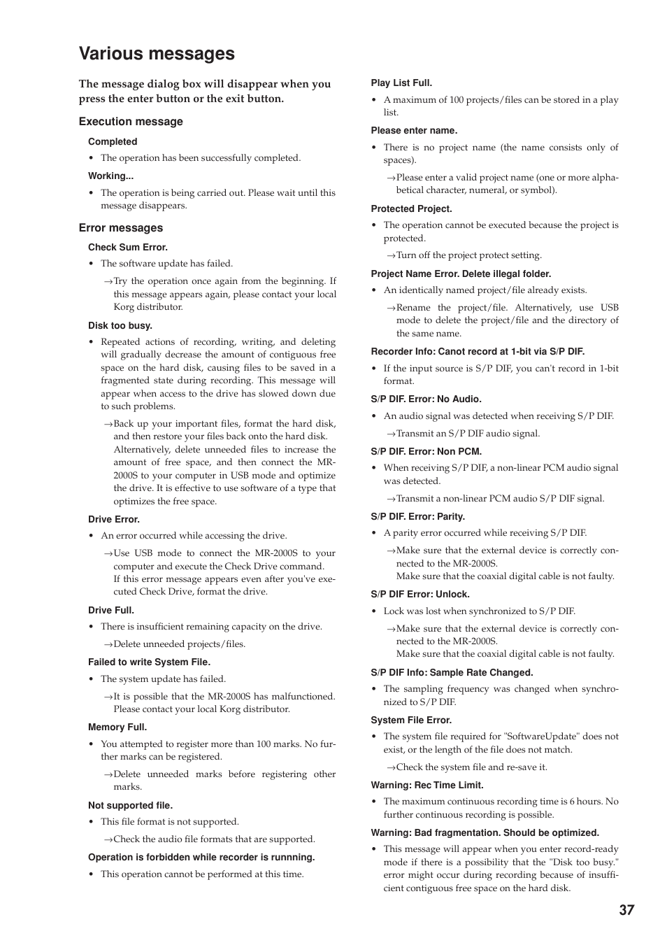 Various messages | KORG MR-2000S User Manual | Page 37 / 42