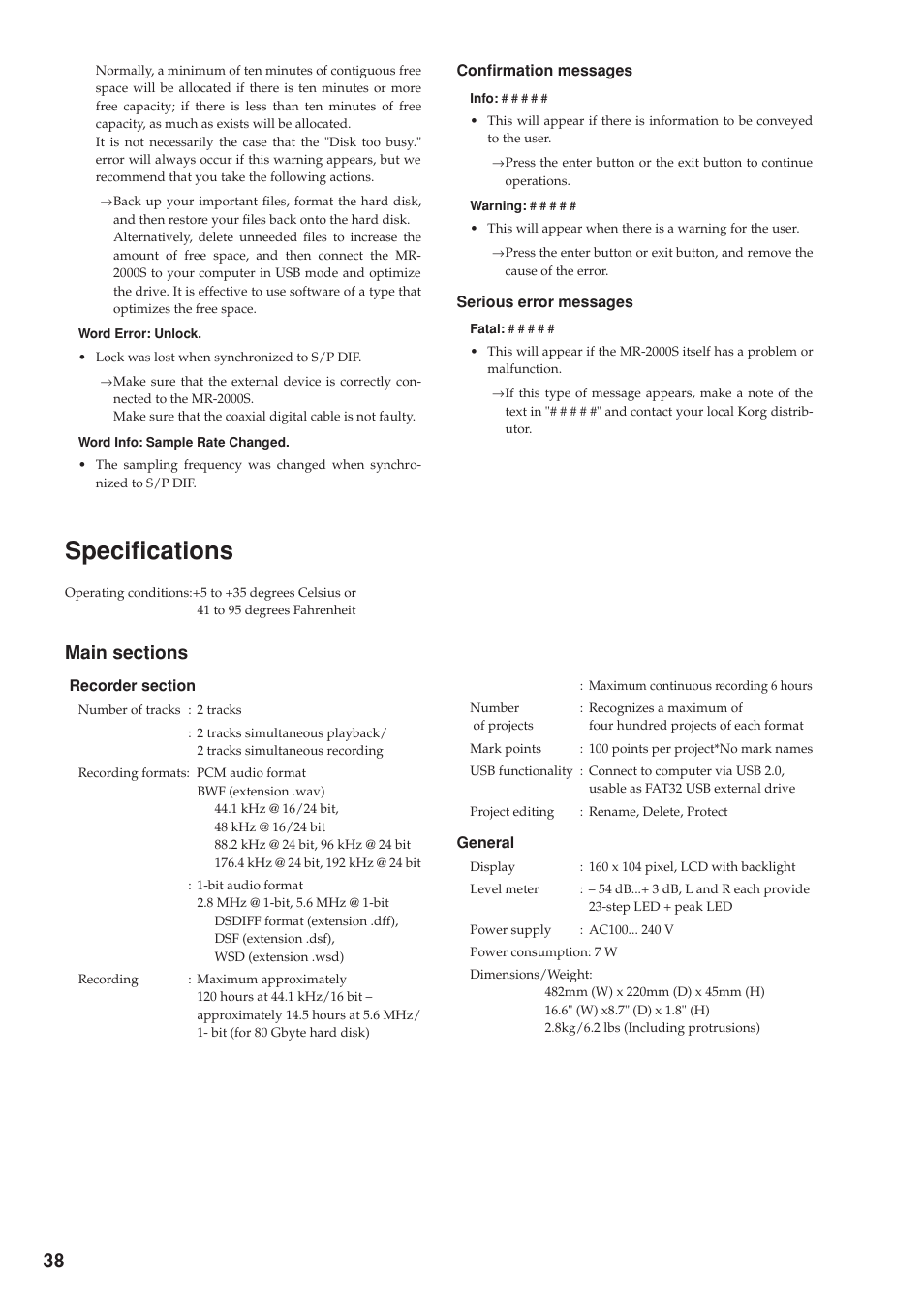 Specifications, Main sections | KORG MR-2000S User Manual | Page 38 / 42