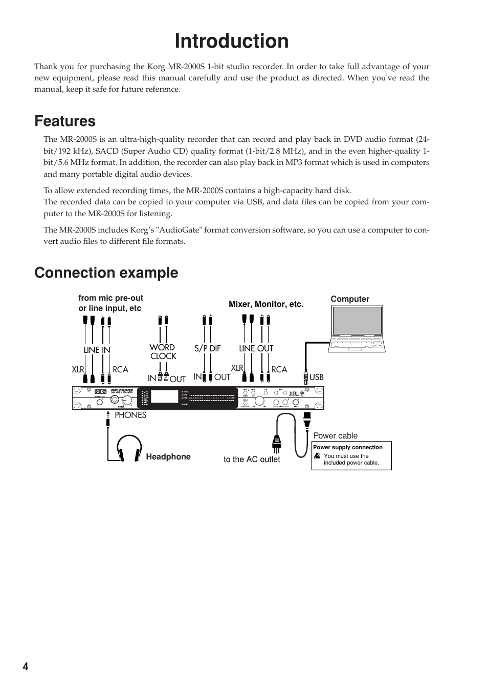 Introduction, Features, Connection example | KORG MR-2000S User Manual | Page 4 / 42