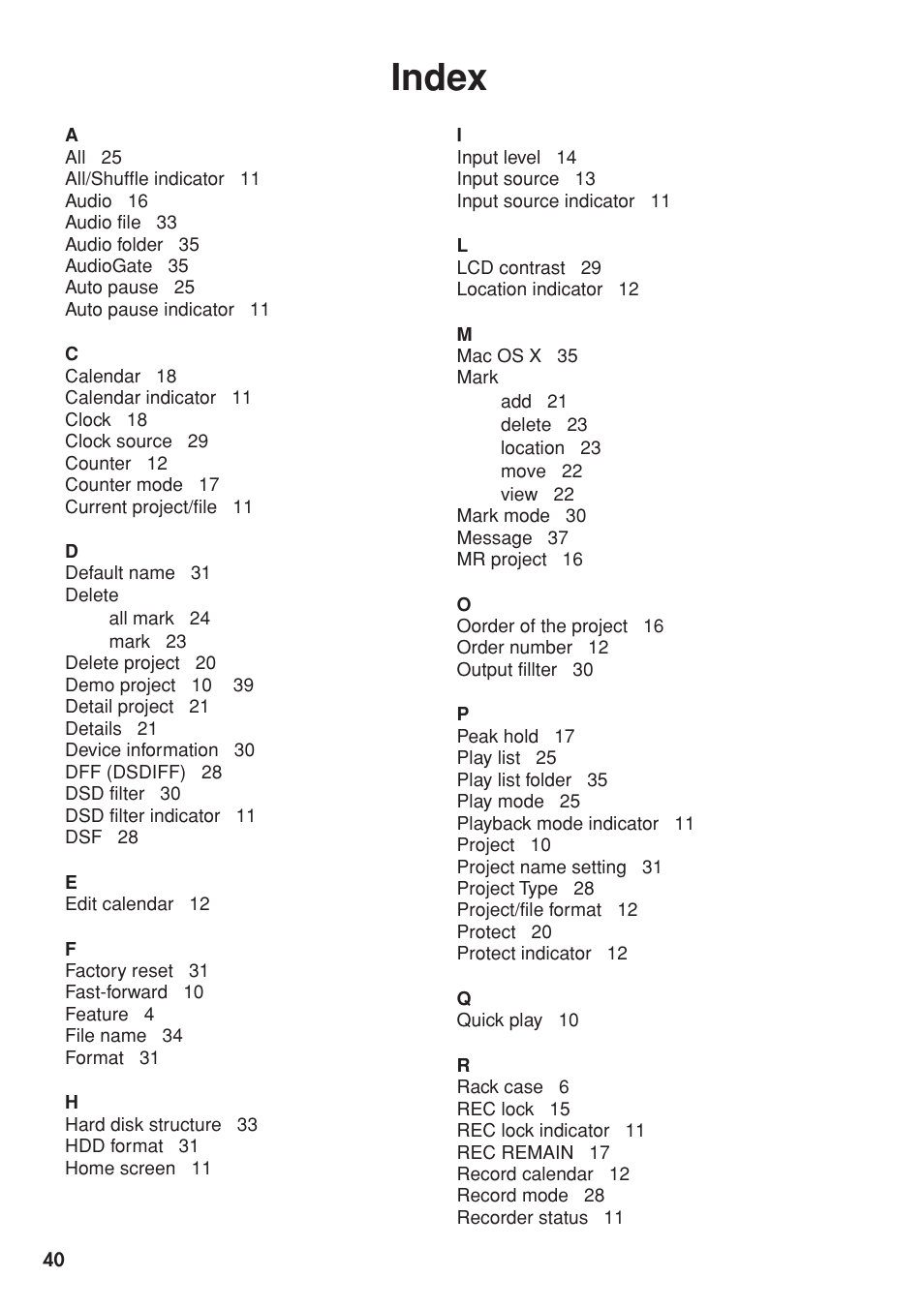 Index | KORG MR-2000S User Manual | Page 40 / 42