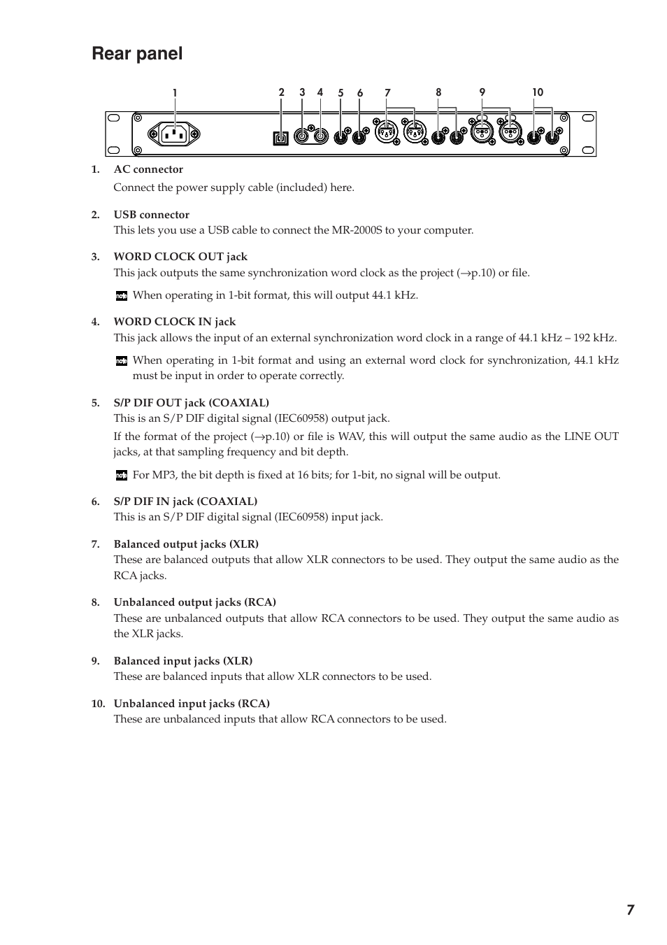 Rear panel | KORG MR-2000S User Manual | Page 7 / 42