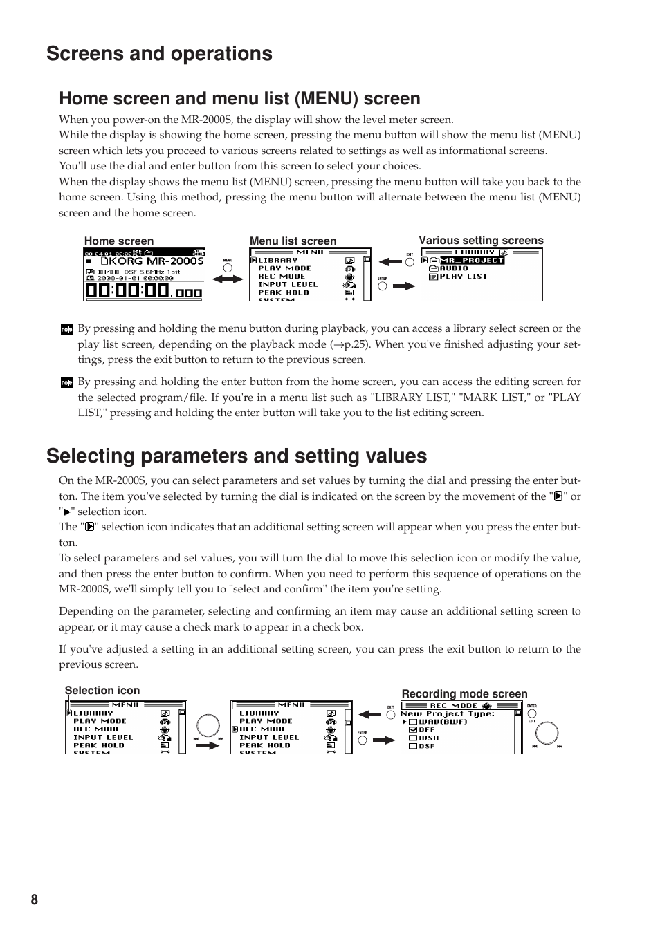 Screens and operations, Home screen and menu list (menu) screen, Selecting parameters and setting values | Home screen and, Menu list (menu) screen, Selecting parameters, And setting values | KORG MR-2000S User Manual | Page 8 / 42