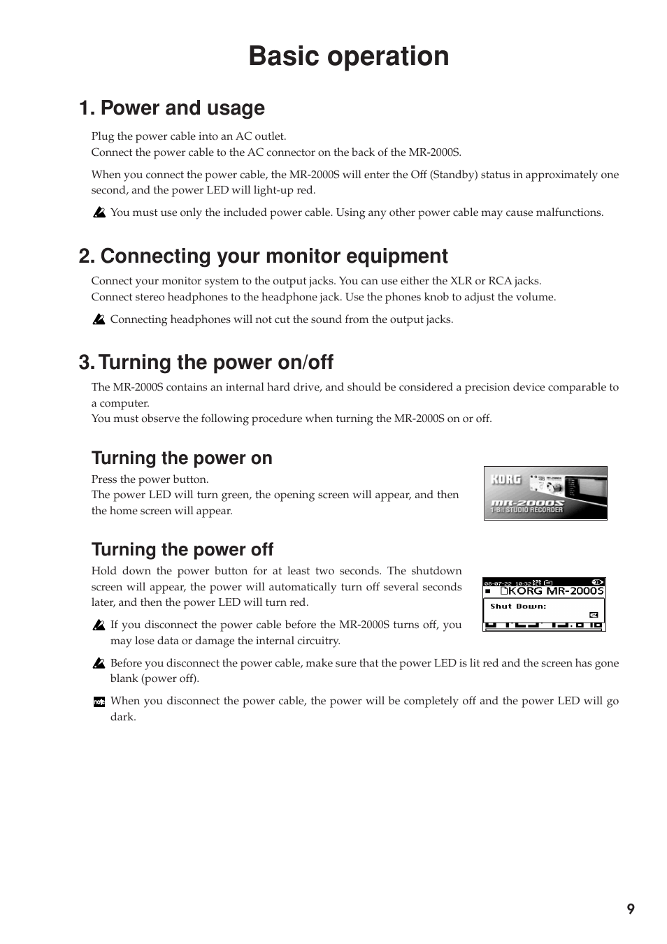 Basic operation, Power and usage, Connecting your monitor equipment | Turning the power on/off, Turning the power on, Turning the power off, Connecting, Your monitor equipment | KORG MR-2000S User Manual | Page 9 / 42