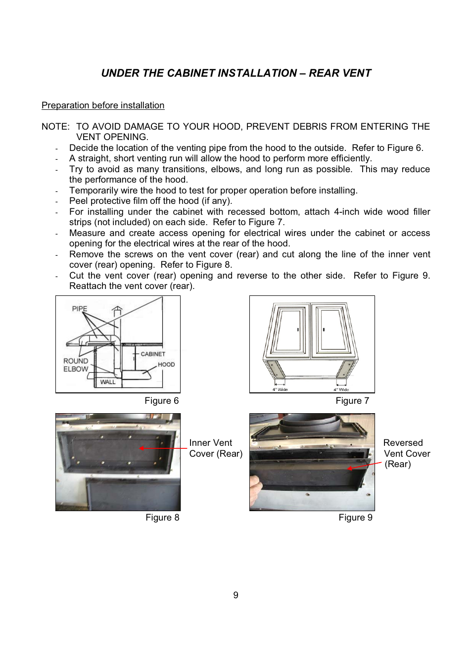 Under the cabinet installation – rear vent | Kobe Range Hoods CH7948SQB User Manual | Page 11 / 102