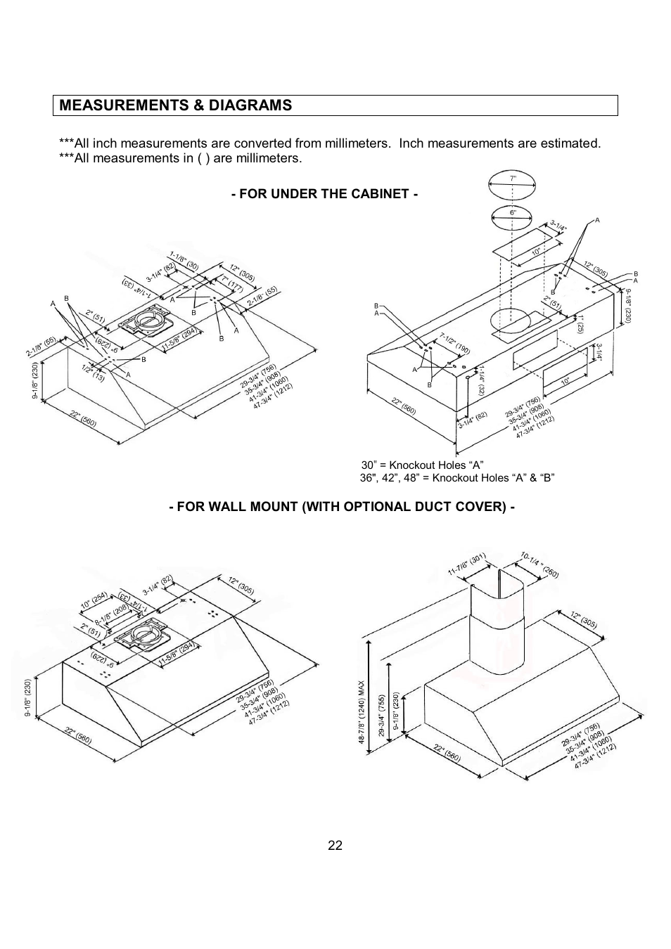 Measurements & diagrams | Kobe Range Hoods CH7948SQB User Manual | Page 24 / 102