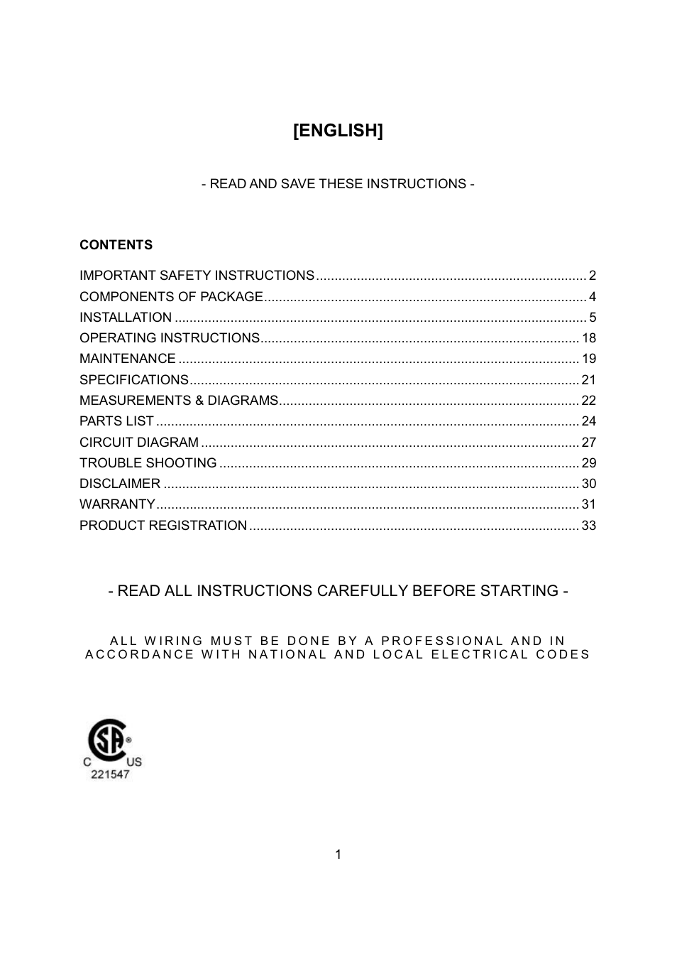 English | Kobe Range Hoods CH7948SQB User Manual | Page 3 / 102