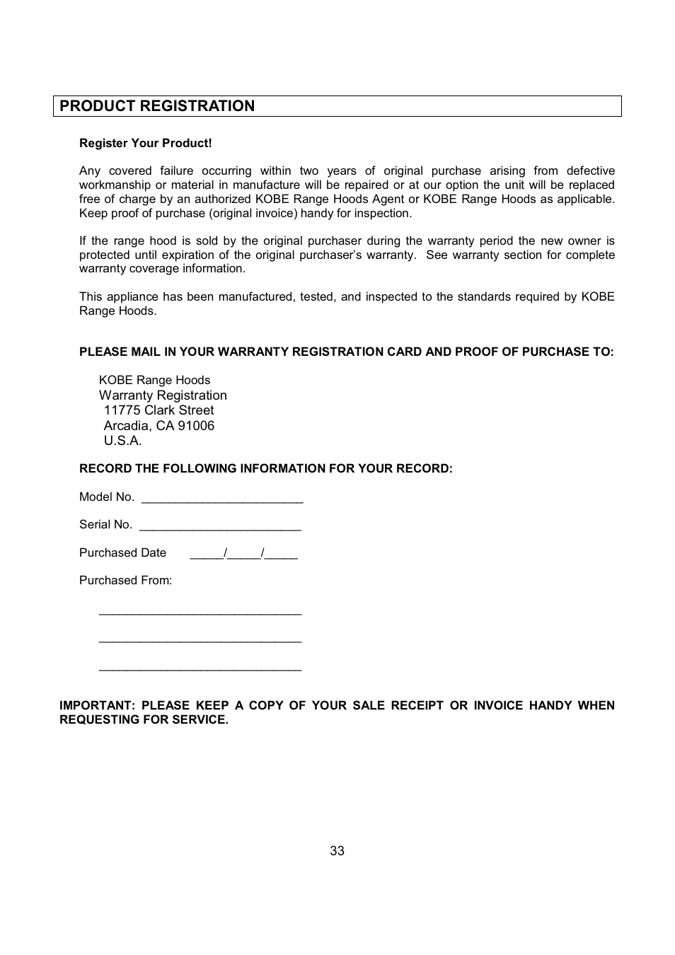 Product registration | Kobe Range Hoods CH7948SQB User Manual | Page 35 / 102