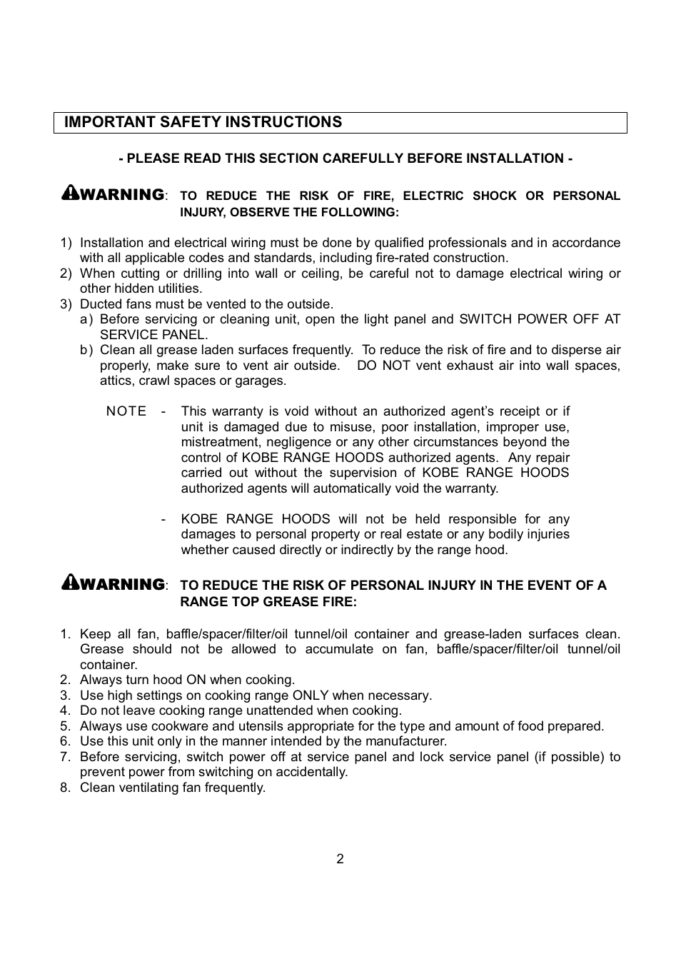 Kobe Range Hoods CH7948SQB User Manual | Page 4 / 102