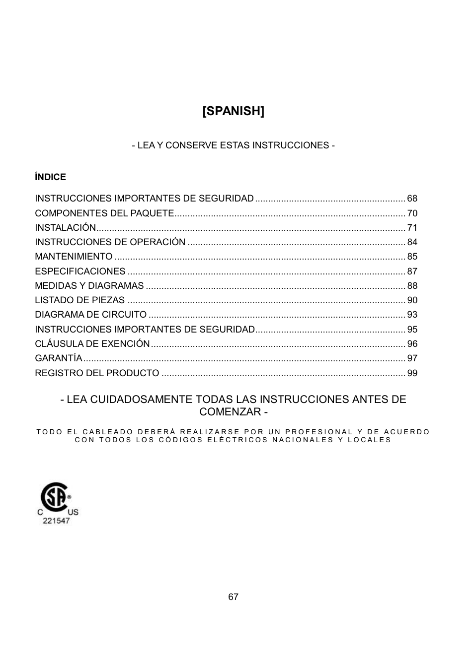 Spanish | Kobe Range Hoods CH7948SQB User Manual | Page 69 / 102