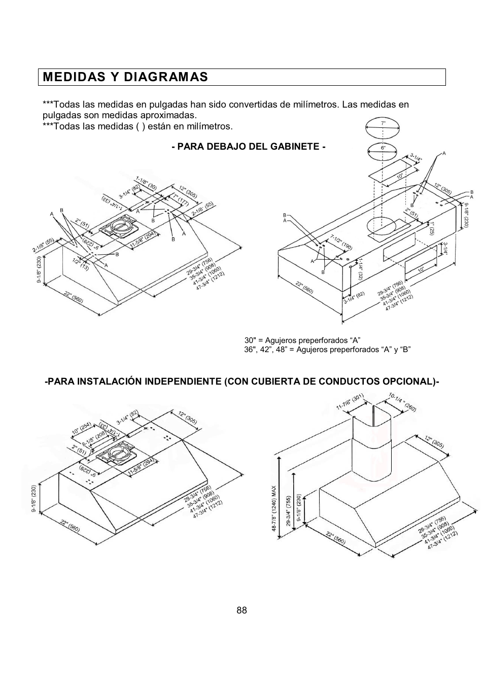 Medidas y diagram as | Kobe Range Hoods CH7948SQB User Manual | Page 90 / 102