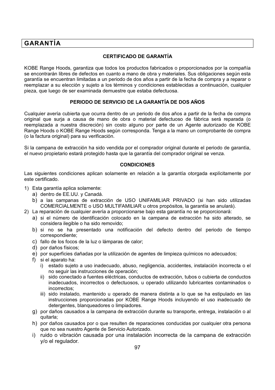 Garantía | Kobe Range Hoods CH7948SQB User Manual | Page 99 / 102