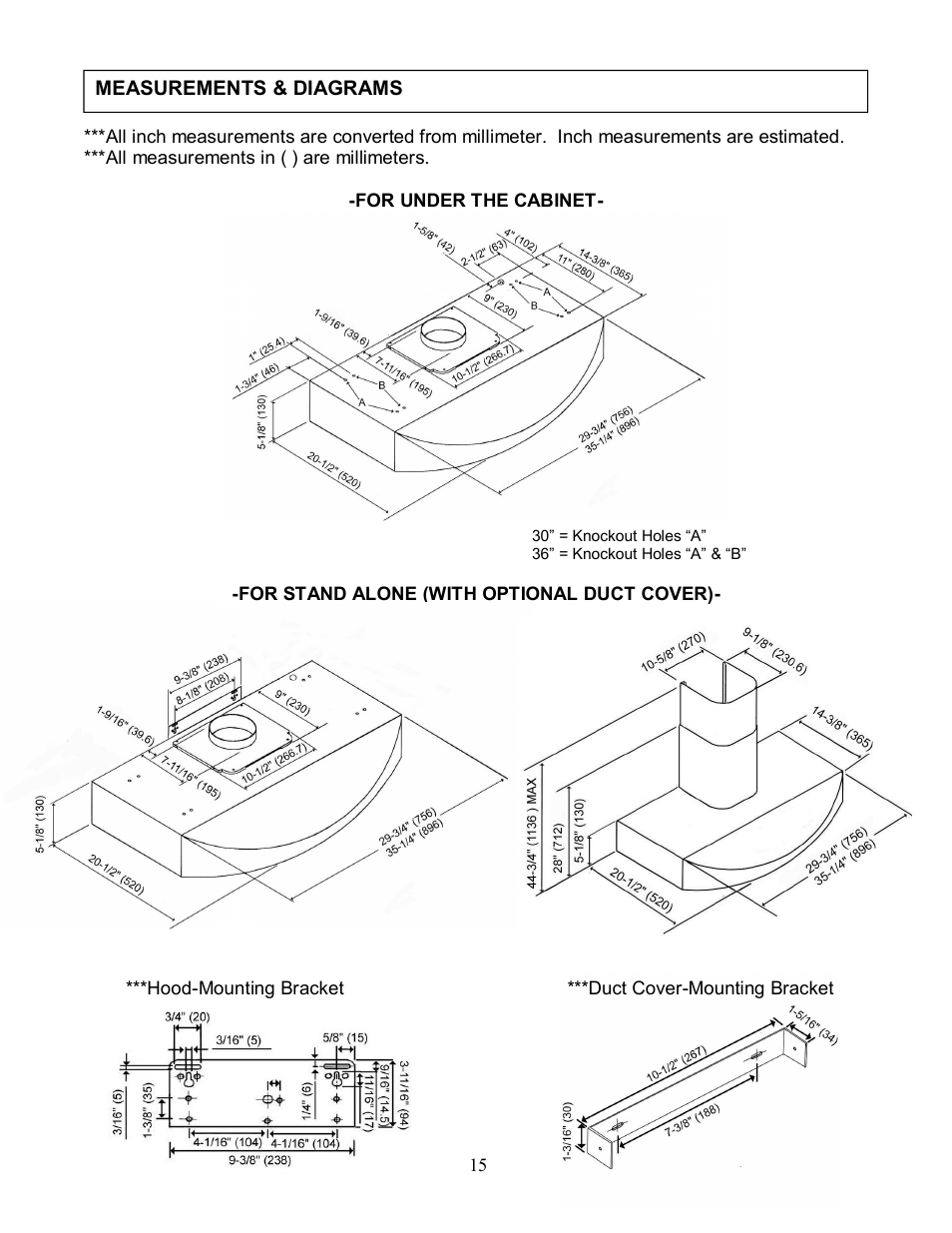 Measurements & diagrams | Kobe Range Hoods RA3830SQ User Manual | Page 17 / 24