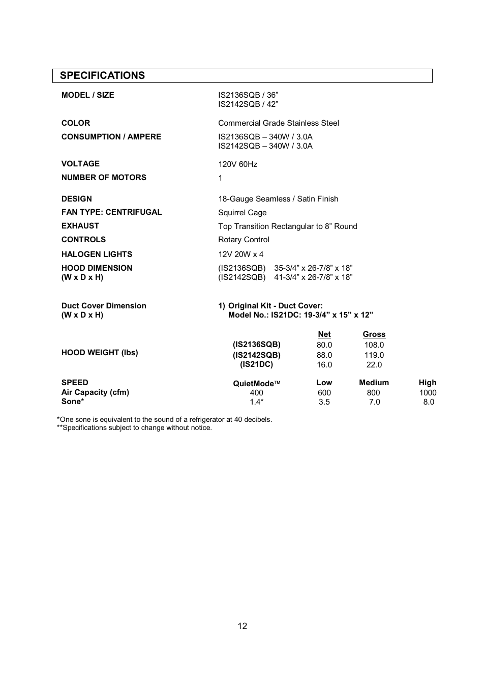 Specifications | Kobe Range Hoods IS2142SQB User Manual | Page 14 / 66
