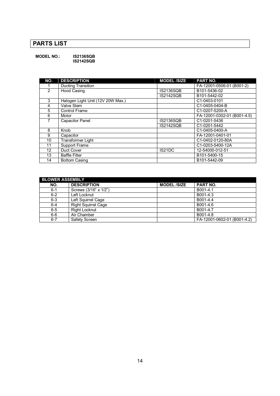 Parts list | Kobe Range Hoods IS2142SQB User Manual | Page 16 / 66