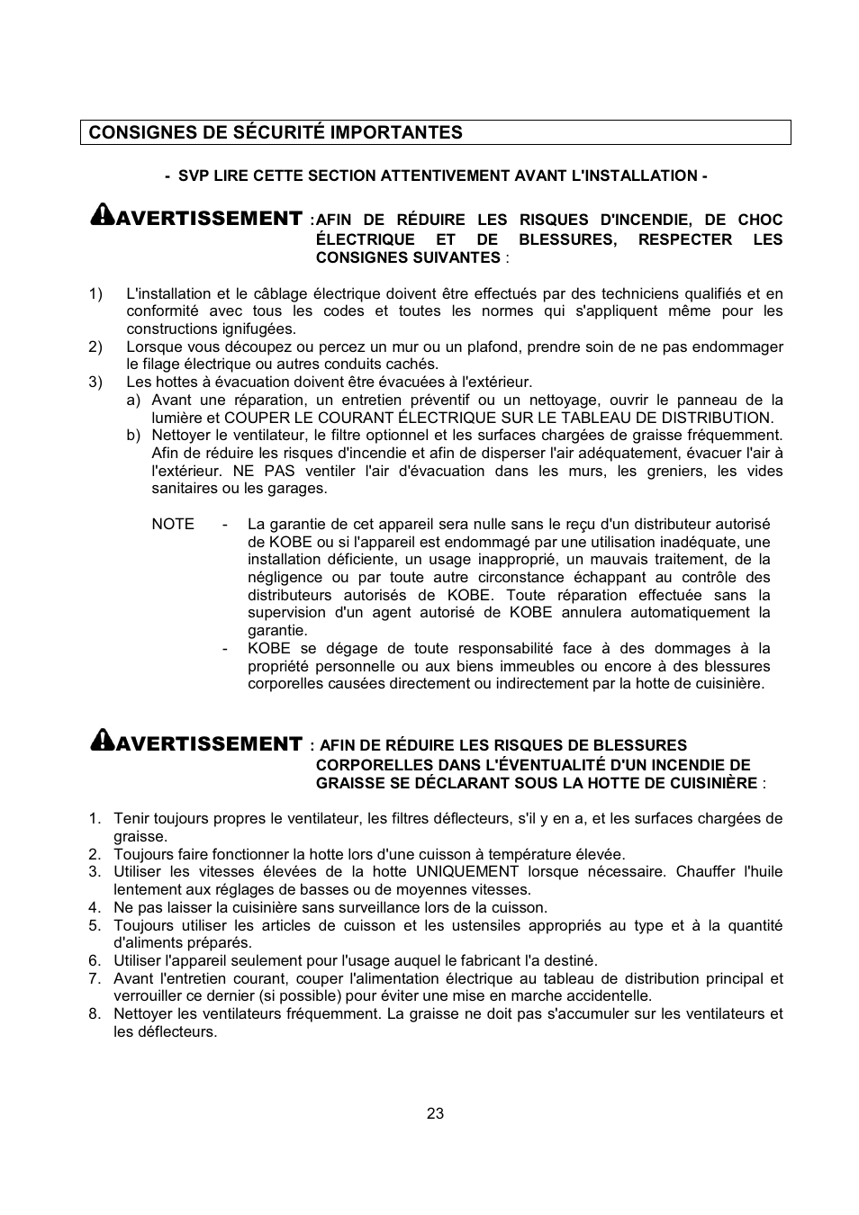 Avertissement | Kobe Range Hoods IS2142SQB User Manual | Page 25 / 66