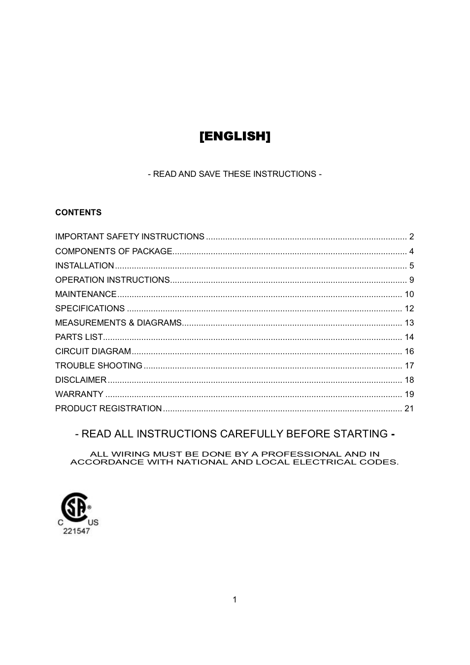 English, Read all instructions carefully before starting | Kobe Range Hoods IS2142SQB User Manual | Page 3 / 66