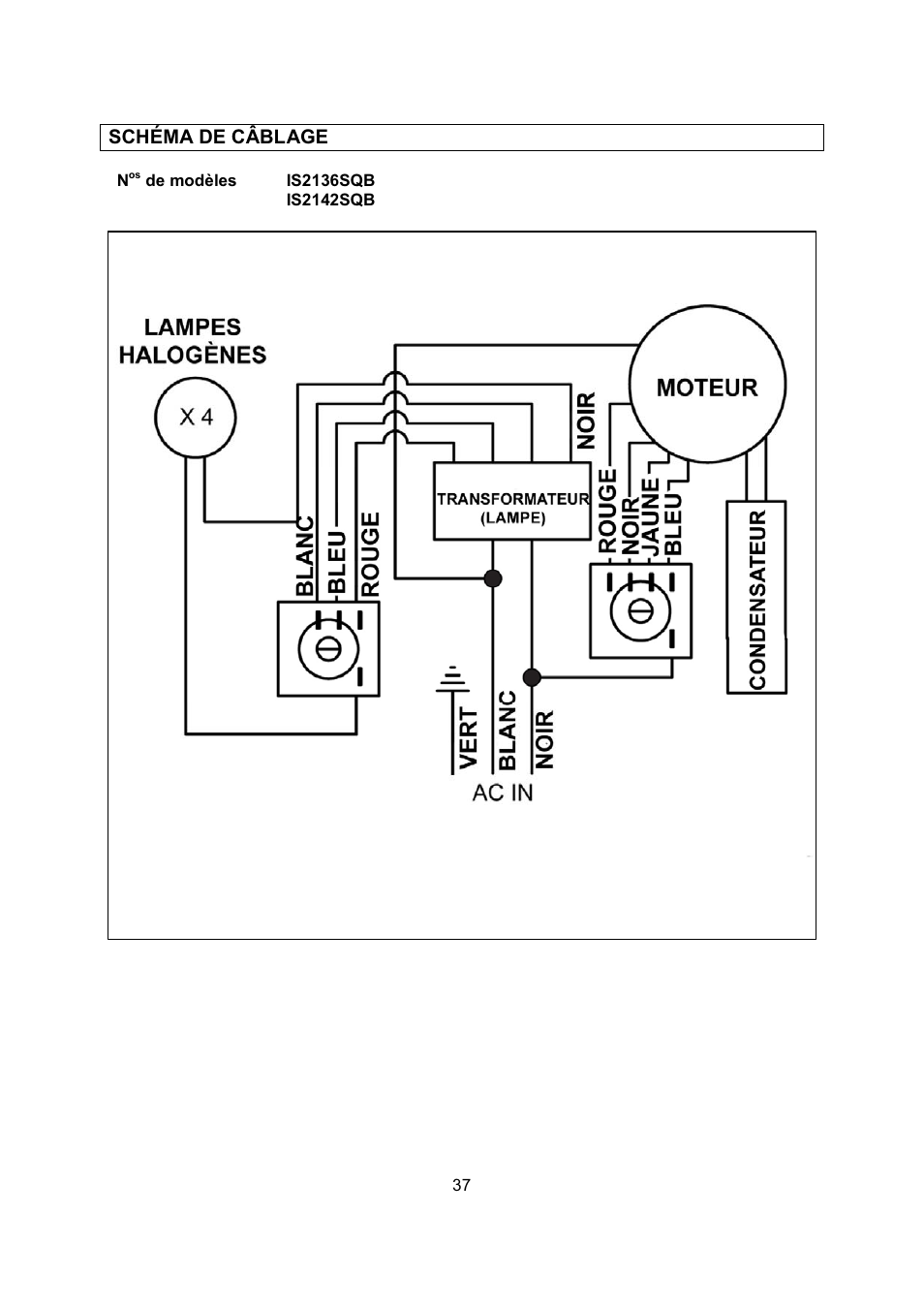 Schéma de câblage | Kobe Range Hoods IS2142SQB User Manual | Page 39 / 66