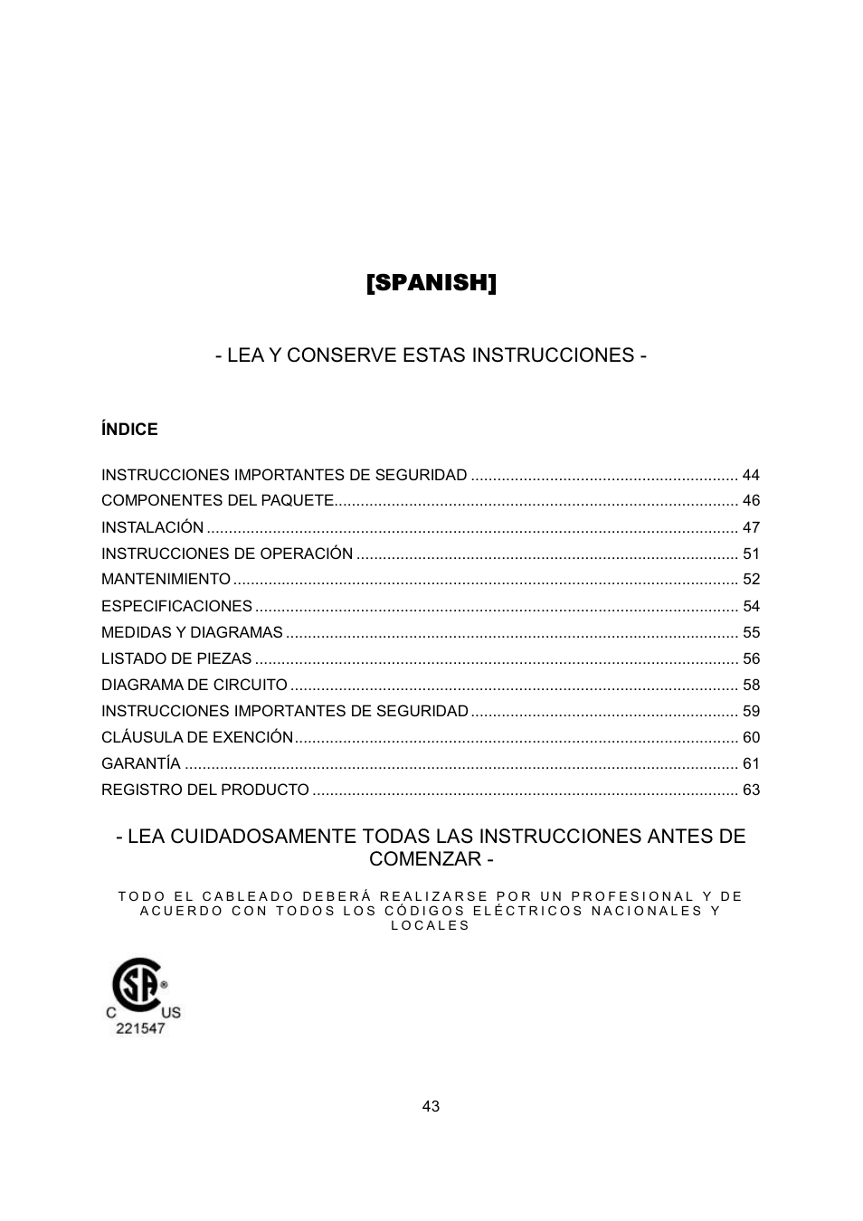 Spanish, Lea y conserve estas instrucciones | Kobe Range Hoods IS2142SQB User Manual | Page 45 / 66