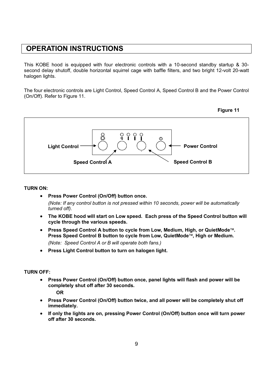 Operation instructions | Kobe Range Hoods RA9236SQB User Manual | Page 11 / 68