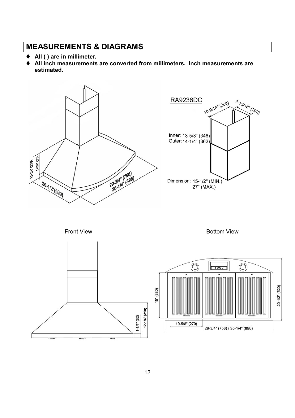 Measurements & diagrams | Kobe Range Hoods RA9236SQB User Manual | Page 15 / 68