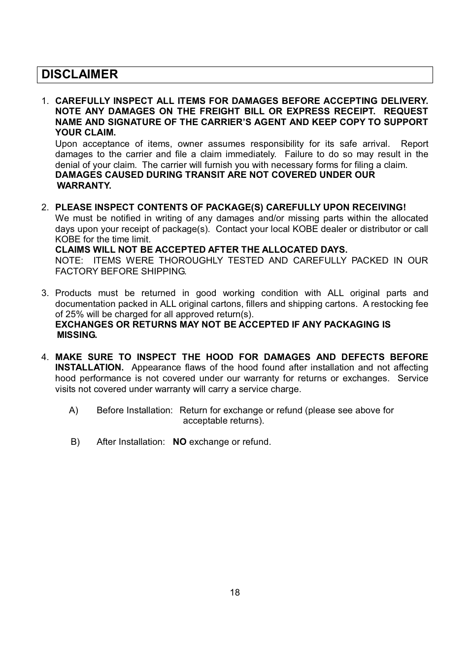 Disclaimer | Kobe Range Hoods RA9236SQB User Manual | Page 20 / 68