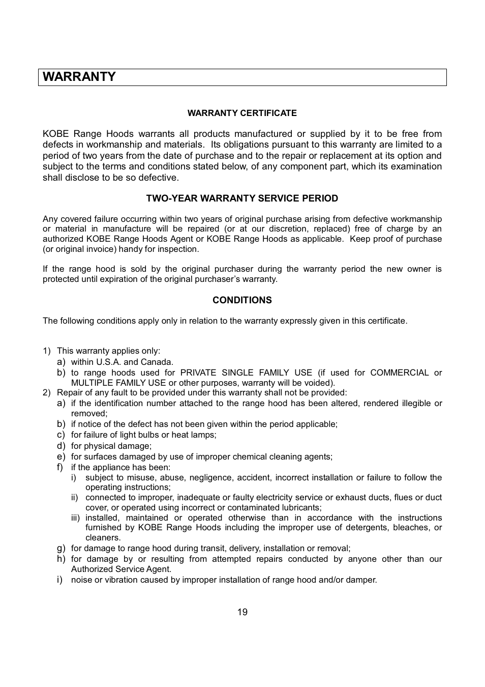 Warranty | Kobe Range Hoods RA9236SQB User Manual | Page 21 / 68