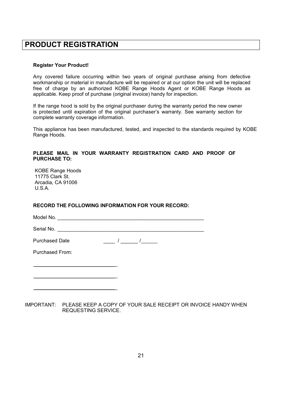 Product registration | Kobe Range Hoods RA9236SQB User Manual | Page 23 / 68